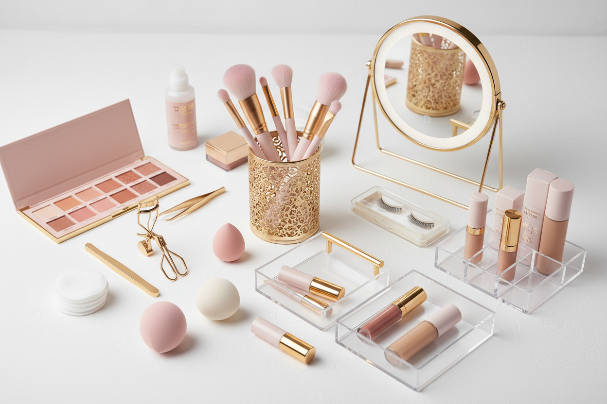 Beauty essentials. Tools for makeup artists to work efficiently. Using pale pinks and gold